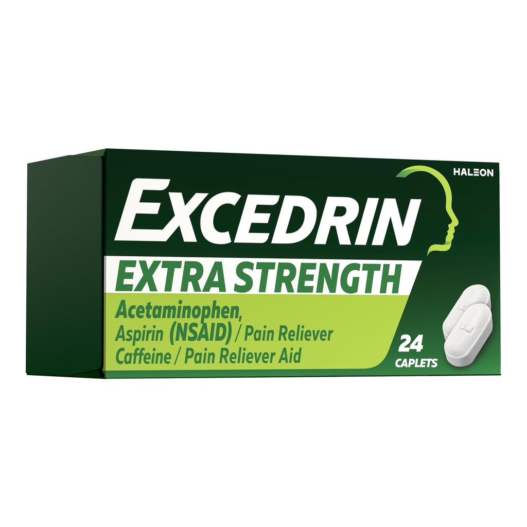 Excedrin Extra Strength Caplets for Headache Pain Relief, Acetaminophen 250mg, Aspirin 250mg, Caffeine 65mg, Pain Reliever, 24 count