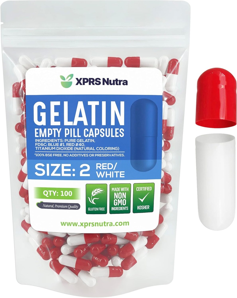 XPRS Nutra Size 2 Empty Capsules - 100 Conde Empty Gelatin Capsules - Pills DIY Capsule Filling - Pure Bovine Pill Gel Caps for Do-It-youself Supplements (Red/White)