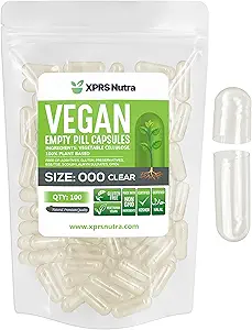 XPRS Nutra Vegan Size 000 Empty Capsules - 100 Cuentas Clear Empty Vegan Capsules - Vegetarian Pill - DIY Vegetable Capsule Filling - Veggie Caps Pills