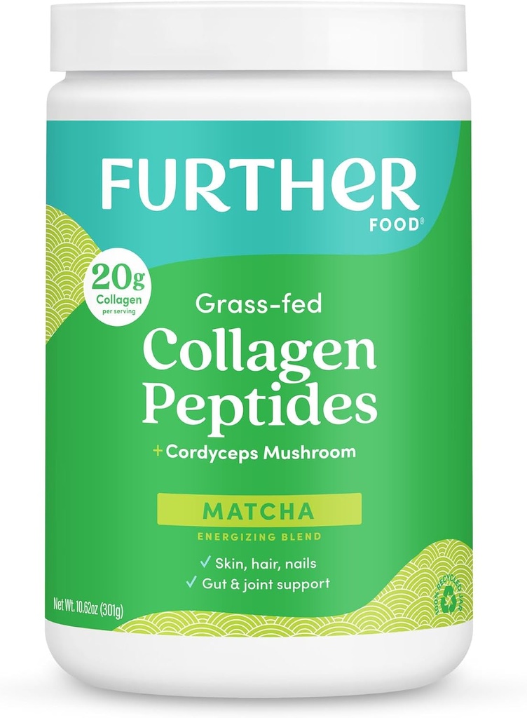 Más alimentos Matcha Collagen Peptides Polvo - Orgánica Matcha & Cordyceps para todo el día Energía, Claridad Mental &amp; Immunity & Premium for Gut Health, Joints, Skin, Hair & Nails 10.62 oz