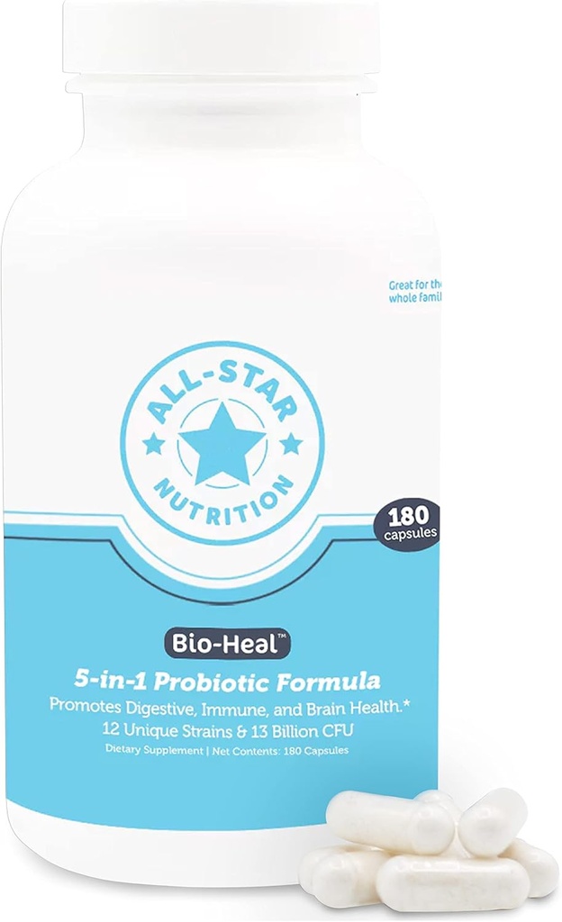 Cápsulas probióticas 5-in-1 Bio-Heal® para niños, hombres y mujeres - Mejor suplemento para la función cerebral, salud de Gut y estreñimiento - Establema de estante " Fortificado con vitaminas, minerales " prebióticos