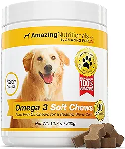 Amazing Omega 3 for Dogs - Omega 3 Fish Oil for Dogs Suplemento para Itchy Skin Relief for Dry Skin and Hot Spots and Shedding Coat with EPA and DHA Fatty Acids - 90 Bacon Soft Chews