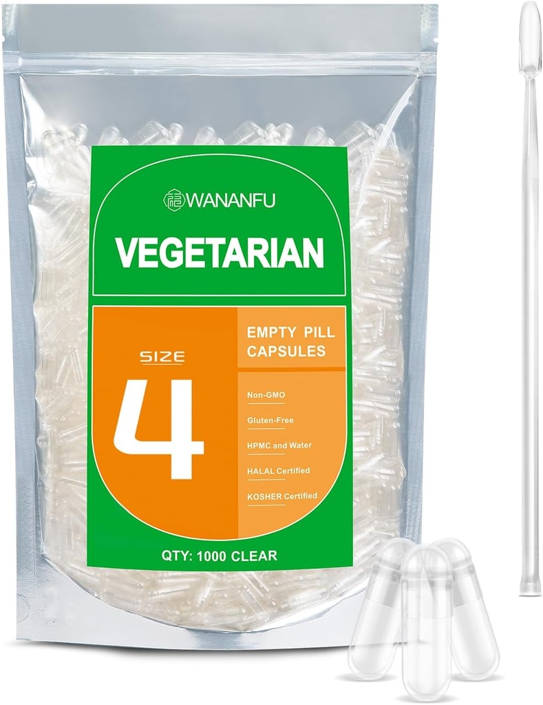 wananfu Size 4 Empty Capsules Vegetarian (500 Count) Bundle with 2 Micro Lab Spoons, Clear Fillable Veggie Pill Capsules Size 4 for Making Your Own Supplements