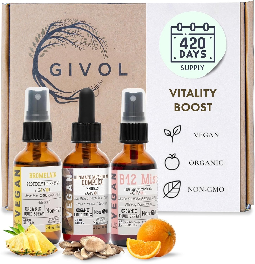 Vitality Boost Bundle Liquid Spray - Ultimate Mushroom Complex, Bromelain, B12 Methylcobalamin - Complete Multivitamin - Plant- Based, Non-GMO, Gluten Free, Sugar Free 2 Fl Oz (420 Days Supply)