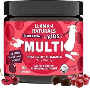 Llama Naturals Niños Gummies multivitamínicos, Vegan, Orgánica con Vitamina D, C & K, Vitaminas de Gummy de Fruto Real Toddler, Suplemento Chewable, Alimento completo Multivitamina, No Añadido caña de azúcar, cereza, 90 Ct