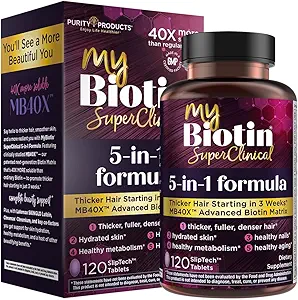 Purity Products MyBiotin SuperClinical New 5-in-1 Elite Multivitamin + MB40X Biotin Matrix Daily Multi - Thicker Hair Empezando en 3 semanas - 40X Más Soluble vs Ordinary Hair Skin Nails - 120 Tabs