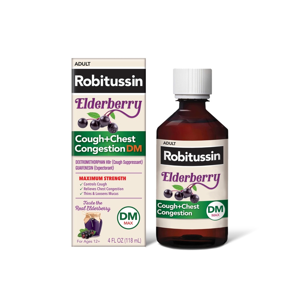Robitussin Maximum Strength Elderberry Cough + Chest Congestion DM Cough Medicine for Adults, Cough and Chest Congestion Relief Liquid - 4 Fl Oz