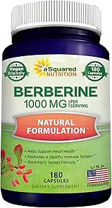 aSquared Nutrition Pure Berberine 1000mg Supplement - 180 Veggie Capsules, Natural Berberine Hydrochloride HCL Plus, Max Strength 1000 mg (2X 500mg), Potent Berberine Vegan Extract
