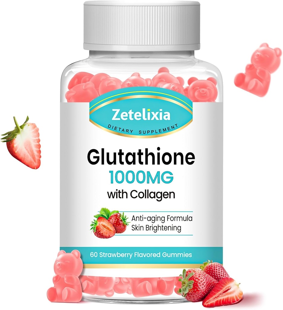 Glutathione Collagen Gummies, Collagen Gummies with Vitamin C, Glutathione Supplement for Women, Hair Skin Nails Muscle & Joint, Anti-Aging, Vegan, Sugar Free, Strawberry Flavor, 60 Con