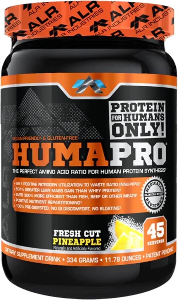 Humapro ← Aminoácidos Matriz Proteína para los seres humanos TENIDO 99% Utilización para el músculo magro TEN Vegan, Gluten Free TEN 334g / 45 Servings (Fresh Cut Pineapple)