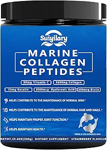 Collagen Peptides Powder for Women, Multi Marine Hydrolyzed for Healthy Hair, Skin, Nails with Hyaluronic Acid, Biotin, Vitamin C, 30 Servings (10.6 OZ, Strawberry)