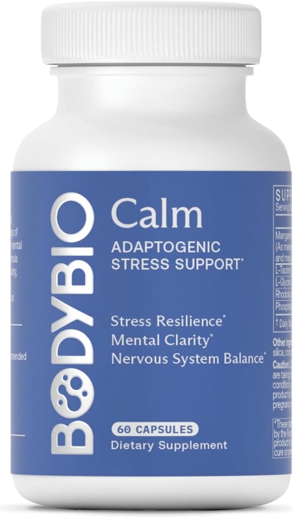 BodyBio Calm - Natural Stress Relief Blend with Rhodiola, Glycine & Phosphatidylserine - Supports Relax, Mental Focus &amp; Balanced Cortisol - Non - Drowsy Formula