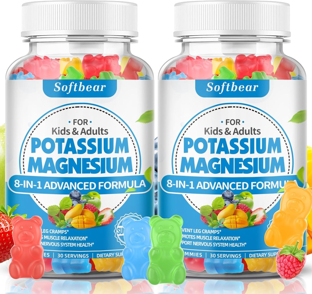 softbear Azúcar Gratuito Potasio Magnesio Gummies para Adultos Niños, Alta Absorción Potasio Suplemento Gummies Apoyo Leg Cramps & Muscle & Immune Health, Delicious Mixed Fruit Flavor 120 Conde
