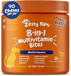 Zesty Paws Multivitamin Treats for Dogs, Glucosamine Chondroitin Joint Support + Enzymes Digestivos & Probióticos, Grain Free Dog Vitamins and Supplements for Skin &amp; Coat, Peanut Butter - 90ct