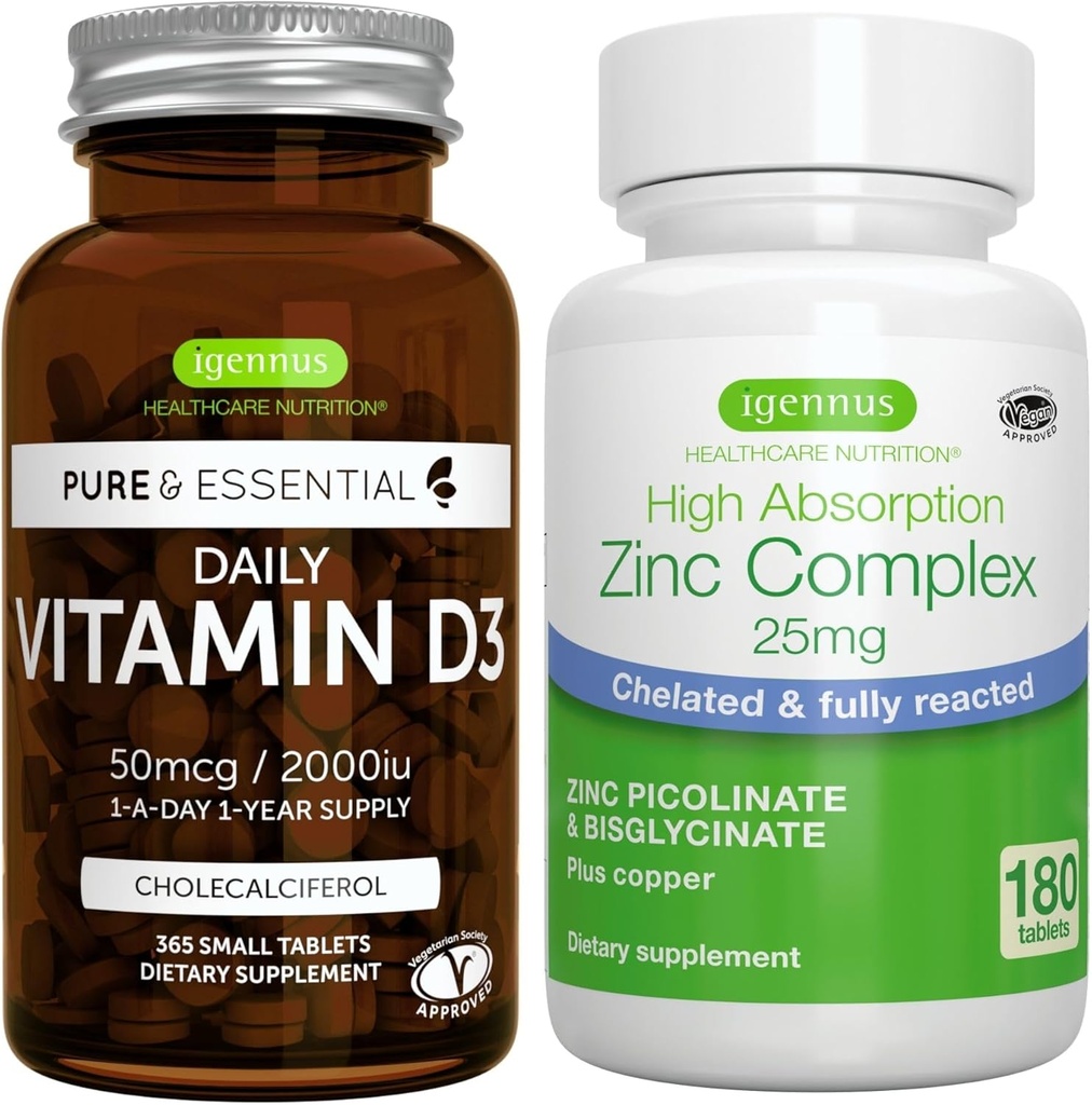 Vitamina D3 + Complejo Zinc Bundle Vegetariano, 365 2000iu Vitamina D3 Tabletas + 25 mg Picolinato Zinc Chelated & Bisglycinate with Copper, por Igennus