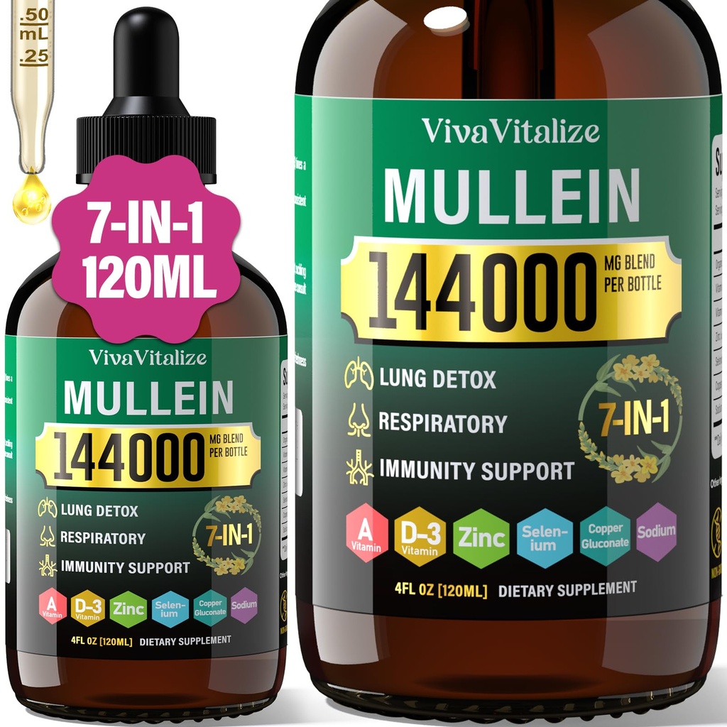 Mullein Drops for Lungs,144000mg Mullein Leaf Extract for Lungs Cleanse &amp; Respiratory Function Healthy Breathing Immune, Digestive System, Natural Herbal Supplement Sugar &amp; Alcohol-Free,120-Day Supply