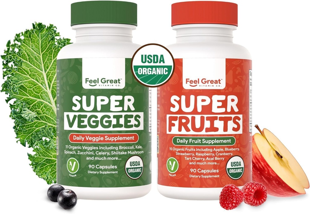 Feel Great USDA Organic Fruit and Vegetable Supplements TEN 20+ Super Reds & Greens for Natural Energy Support Silencio Vegan Fruit and Veggie Vitamins TEN 2 Pack of 90 Count