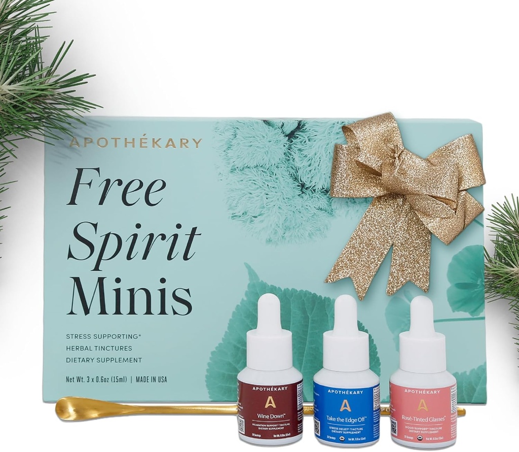 Apothékary Free Spirit Minis Set ← Nueva Edición, Herbal Liquid Drops, Incluye Wine Down, Rosé-Tinted Glasses, Take The Edge Off & 1 Gold Spoon, Sugar Free, 3 Botellas,15 Serviciones por Bottle