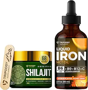 Suplemento de hierro líquido con vitaminas B6, B9, B12, C, Folate &amp; MCT Oil (2 Fl Oz, Citrus) + Puro Himalayan Shilajit Resin 600mg para Immune Support & Energy (68g)