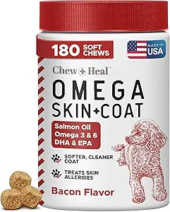 Omega for Dogs - 180 Delicious Soft Chews - Salmón aceite Treats for Skin and Coat, Itch Relief - Fish Oil Blend of Essential Fatty Acids, Omega 3, 6, y 9, y vitaminas - Fumado Bacon Flavor