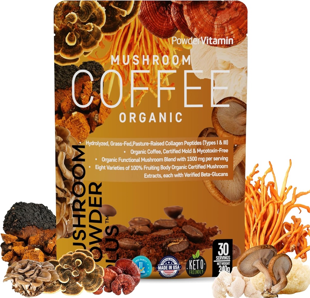 PowderVitamin Organic Mushroom Coffee Certified Mold &amp; Mycotoxin-free GrassFed Collagen Types I &amp; III 8 Fruiting Body Mushrooms Tested for Beta-Glucans Focus Energy Digestion & Immunity 30 Servings