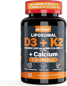 Vitamina D3 20,000 UI + Vitamina K2( MK7 )200mcg - Vitamina Optimal D3 & K2 Softgel - Huesos Fuertes & Muscle, Calcio Absorción &amp; Apoyo Inmunitario, Ayudando a las deficiencias de vitamina D, Fácil de Tragar, No GMO