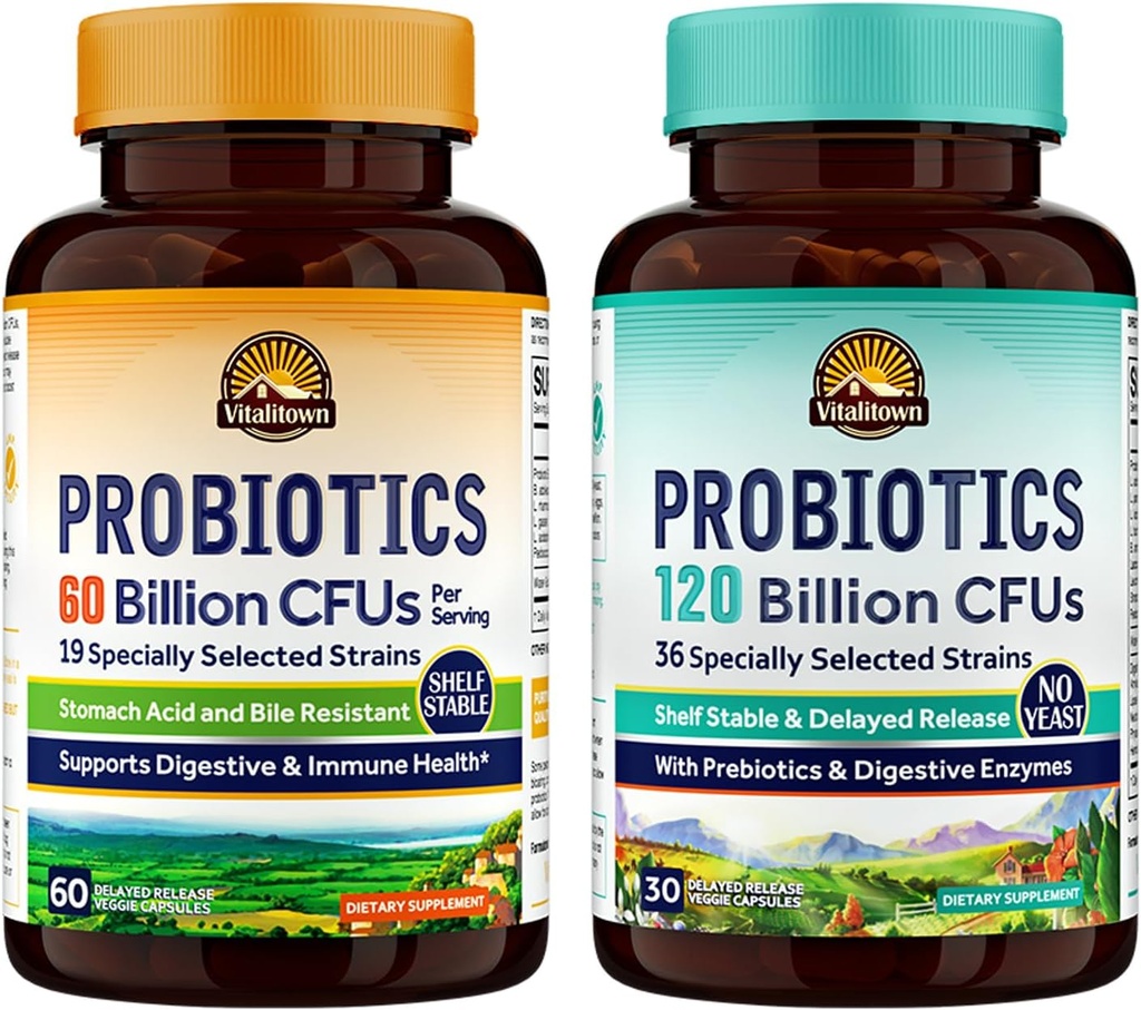 Vitalitown Probiotic Bundle (Pack of 2) | Probiotics 60 Billion CFUs (Item 1) & Probiotics 120 Billion CFUs (Item 2) | Shelf Stable | Digestive & Immune Health | 30 Day Supply Each