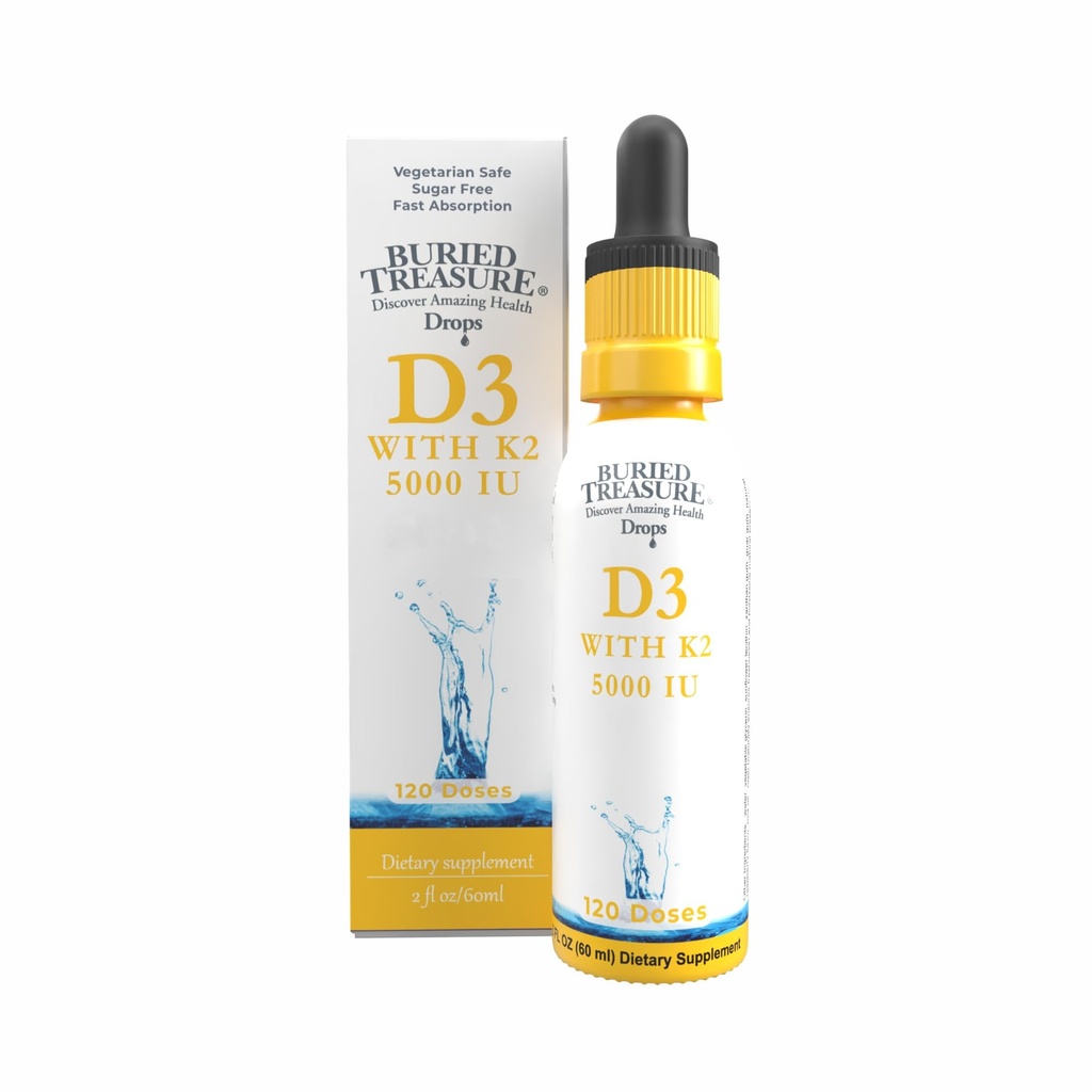 Buried Treasure Vitamin D3 & K2 Drops - 5000 IU D3 with 100 mcg K2 for Bone, Heart & Immune Support, Sugar Free, 2 fl oz