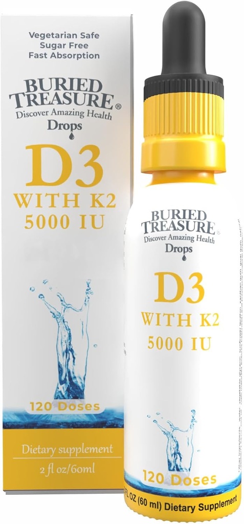 Tesoro enterrado Vitamina D3 &amp; K2 gotas - 5000 UI D3 con 100 mcg K2 para Bone, Heart &amp; Immune Support, Sugar Free, 2 fl oz