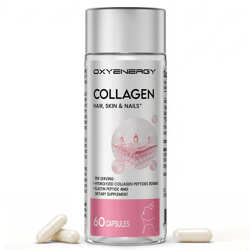 OxyEnergy Collagen Peptides Capsules for Women, 800mg Collagen Hidrolyzed (Tipos I) Suplementos con Elastin Peptides, 60 píldoras Collagen para promover el cabello, la uñas, la piel, Colágeno en Capsulas