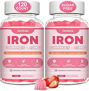 Vegan 2 Pack Iron Supplement Gummies for Women & Men, Anemia, Blood Builder & Energy Support for Iron Deficiency, with Vitamin C, A, B Complex, Folate, CoQ10, Sugar Free, Non-GMO, 120 Count