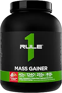 Regla 1 Gainer de Masa - Fórmula de alto nivel de peso con 1.220+ Calories, 250g+ Complejo Carb Blend, 40g All-Whey Protein Por Serving (8 Servings, Strawberries & Crème)