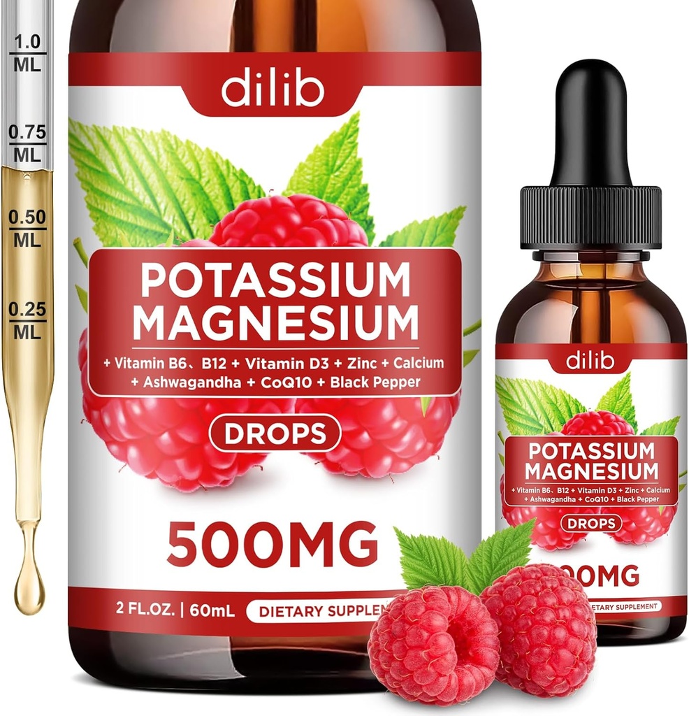 Suplemento de citrato de magnesio de potasio, gotas de citrato de magnesio líquido 500 mg con Ashwagandha, Calcio, Zinc, Vitamina D3, B6, B12, CoQ10 - Vegan 2 fl oz Sabor de frambuesa