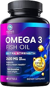 Omega 3 Petróleo de Pesca 2400 mg Suplemento, Fuente sostenible, Triple Fuerza Omega-3 Suplemento Softgels, Apoyo a la Salud del Cerebro, EPA & DHA Fish Oil Fatty Acids Suplementos, Gluten & GMO Gratis, 60 Softgels