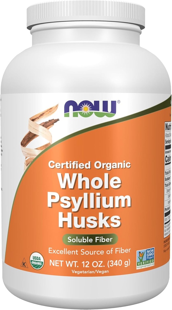 NOW Foods Supplements, Whole Psyllium Husks, Certified Organic, Non-GMO Project Verified, Soluble Fiber, 12-Ounce
