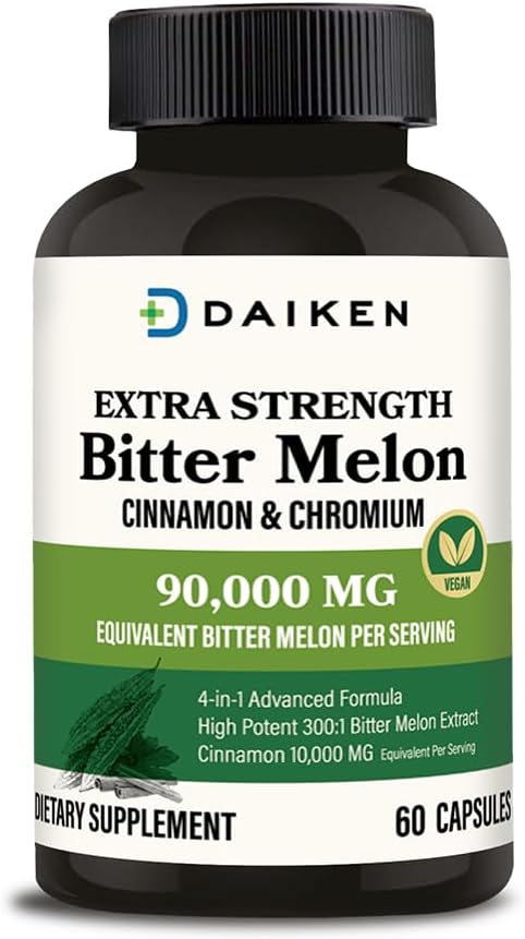 DAIKEN Bitter Melon, Cinnamon " Chromium, 90,000 mg Equivalent Por Serving Extra Strength, 100% Vegetarian Bitter Melon cápsulas con cromo de canela " Zinc, 60 cápsulas