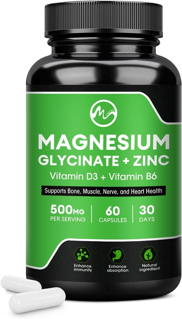 Magnesium Glycinate Capsules, Magnesium Glycinate Suplemento con Zinc, Vitamina D3 &amp; B6 - Promueve Nerve, Bowel, Función de Relajación - 60 cápsulas Vegan