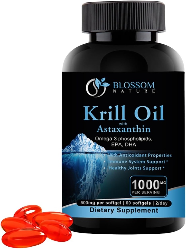 Aceite de Krill Antártico 1000mg Softgels con Astaxanthin – Omega-3 EPA & DHA Suplemento para el corazón, el cerebro y la salud conjunta en forma de fosfolípidos – 60 Softgels de sabor vainilla