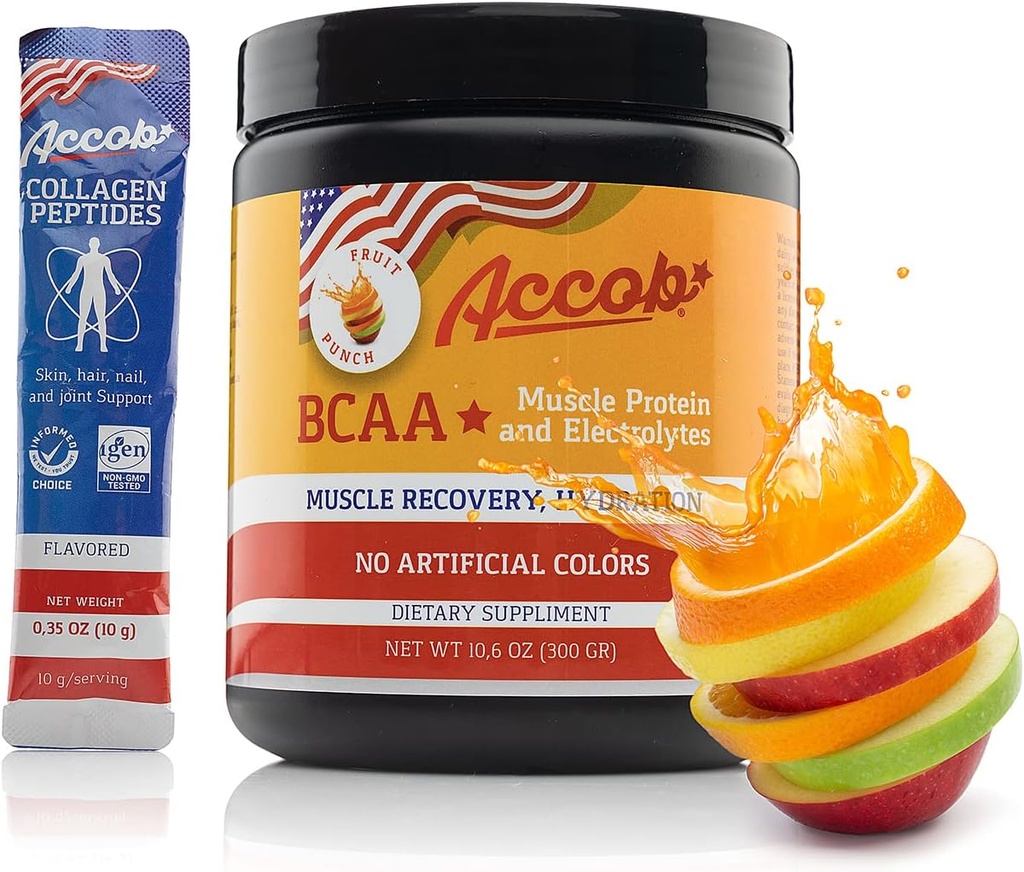 BCAA Powder Fruit Punch-Pre o Post Workout,Muscle Recovery Drink with Amino Acids + Electrolytes,7,2g BCCAs for Men and Women-30 Servings +10g of Collagen Peptides