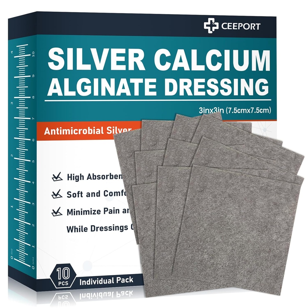 Ag Silver Calcium Alginate Wound Dressing Pads 3' x 3''' (Pack of 10), Soft Highly Absorbent Silver Wound Dressing, Non-Adhesive Dressing for Wound Care, Painless Removal Gauze Pads for Wounds