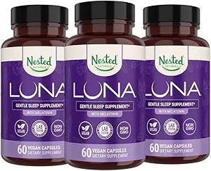 Naturales anidados Luna Herbal Suplemento de sueño con Melatonina, Valerian Root, Chamomile Silencio 180 Vegan Capsules (3-Pack) - 60 cápsulas por botella