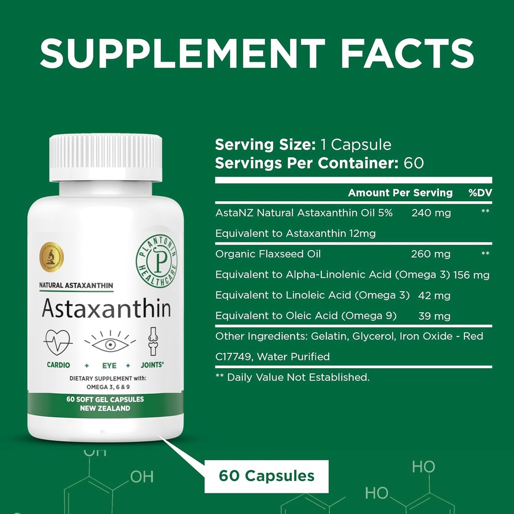 Nueva Zelanda - Astaxanthin 12mg de Microalgae Haematococcus Pluvialis - 60 geles blandos - GMO &amp; Gluten Gratis - Antioxidante - Apoya la movilidad conjunta > recuperación del ejercicio posterior, la piel y la salud del ojo