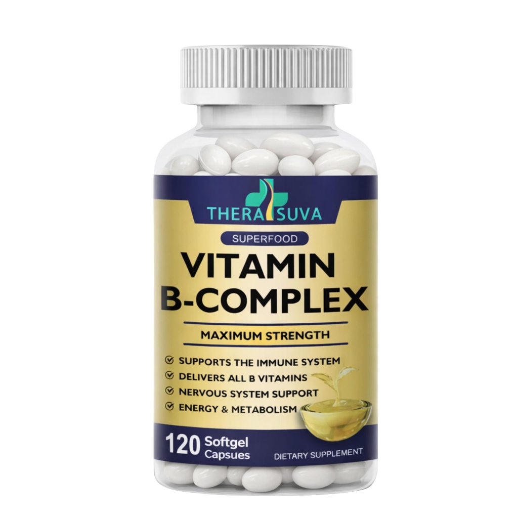 TheraSuva Vitamin B-Complex + CoQ10 + Vitamin C - Max Strength Supplement for Energy, Metabolism Support, 2 Month Supply, 120 Softgels