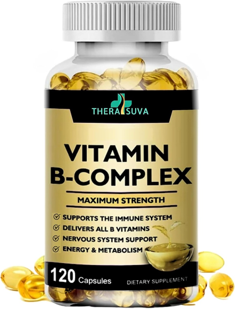 Vitamina B-Complex + CoQ10 + Vitamina C - Max Strength Supplement for Energy, Metabolism Support, 120 Softgels, 60 Day Supply