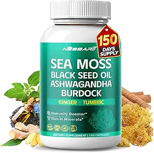Sea Moss Supplement - 16-in-1 Natural Blend with Black Seed Oil Ashwagandha Burdock Bladderwrack Ginger Dandelion - 150 Count - Made &amp; Tested in The USA