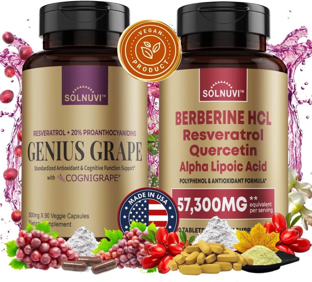 Neuro Defense Bundle: Complejo de Berberina y Resveratrol - Cognigrape, Quercetina, Ácido Lipoico alfa - Salud del cerebro y soporte antioxidante - No GMO, sin gluten, Suplemento Vegano