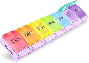 AUVON Organizador semanal de píldoras Artritis Friendly, BPA Free Travel 7 Day Pill Box Case with Spring Open Design and Large Compartment to Hold Vitamins, Cod Liver Oil, Supplements and Medication
