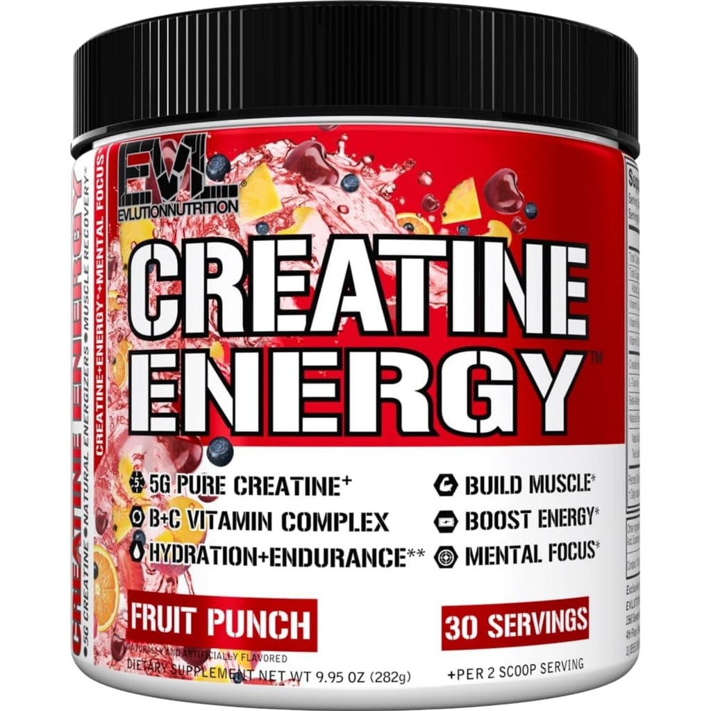 Evlution Nutrition Creatine Energy - Supports Muscle Growth, Boosts Energy, Endurance & Cognition - 5g Pure Creatine Monohydrate Per Serving - B + C Vitamin Complex - 30 Servings - Fruit Punch
