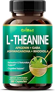 GriMed L-Theanine 11,900mg- X10 Power with Apigenin, GABA Ashwagandha, Rhodiola - Relax " Restoration Focus and Memory - Made in USA (150 Count (Pack of 1))