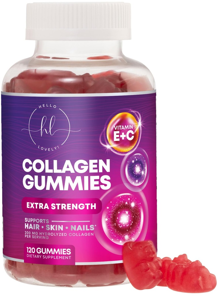 Collagen Peptides Gummies con 2500 mcg Biotina - Hidrolyzed Protein Tipo I & III Multi Collagen Suplemento con vitamina C & Zinc - Soporte para el cabello, la piel, las uñas, sabor granada Tasty - 120 Gummies